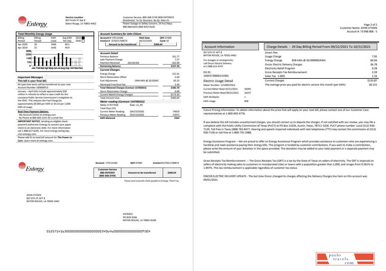 USA Entergy electricity utility bill template in Word and PDF format (2 pages)